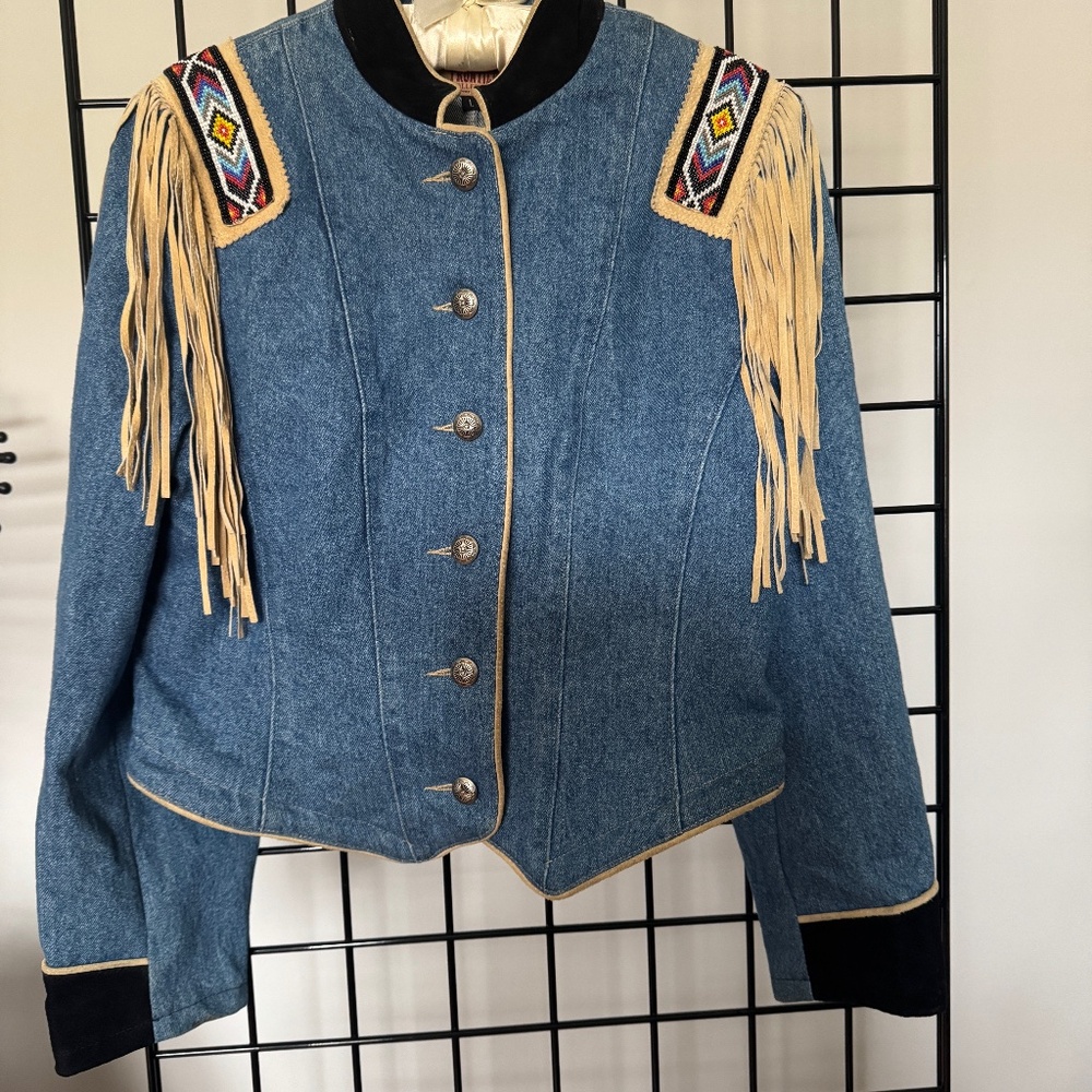 Denim Fringed Beaded Western Scout Jacket NOSWOT